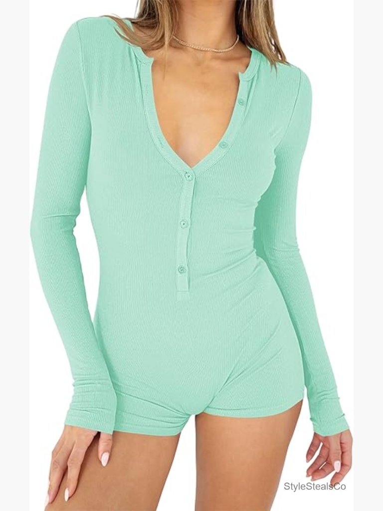 Sexy V Neck Long Sleeve Shorts Romper Bodycon Jumpsuit Y2k One Piece Pajama Set